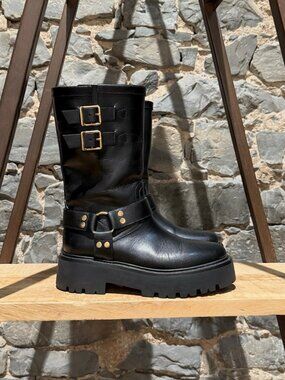 Celine Black Leather Harness Bulky Biker Mid Boots